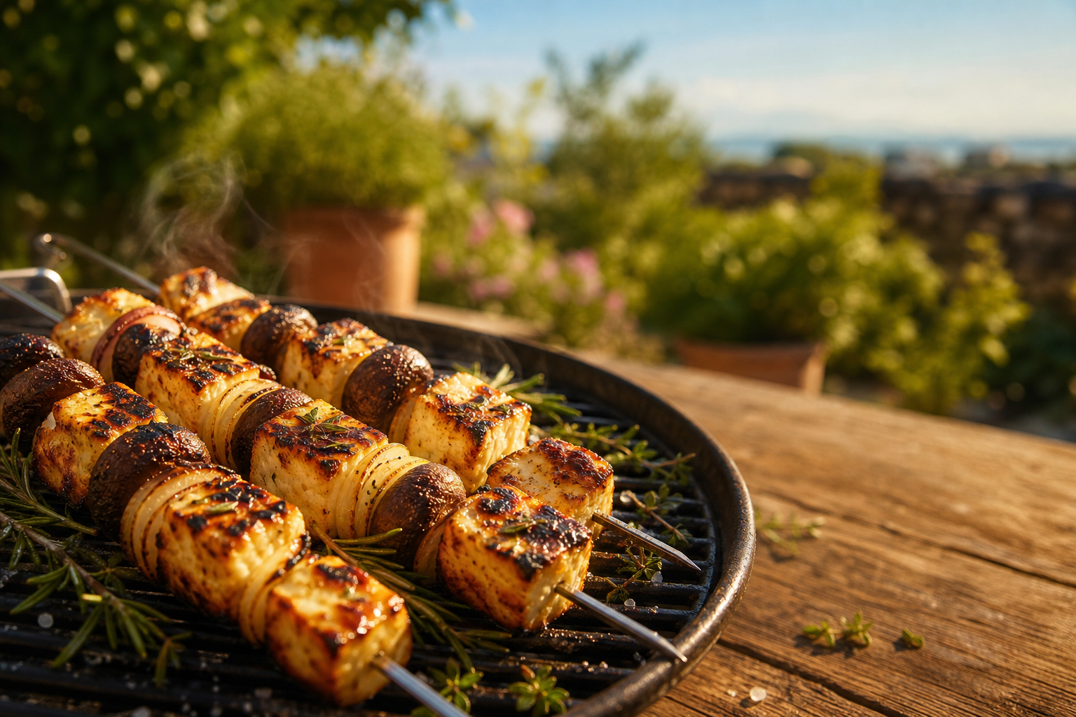 Brochettes de Halloumi grillé, champignons et oignons sur un barbecue, lumière chaude du soir, décor estival.