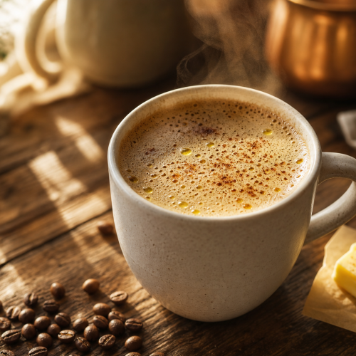 Tasse de bulletproof coffee avec mousse onctueuse, sur une table en bois, lumière matinale