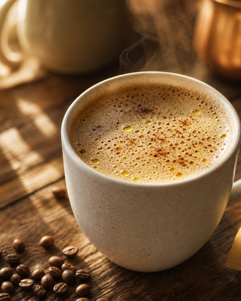 Tasse de bulletproof coffee avec mousse onctueuse, sur une table en bois, lumière matinale