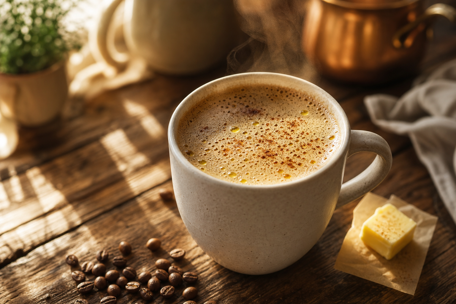 Tasse de bulletproof coffee avec mousse onctueuse, sur une table en bois, lumière matinale