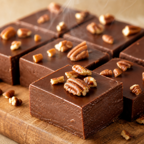 Carrés de fudge kéto au chocolat noir, parsemés de noix de pécan, présentés sur un plateau en bois.