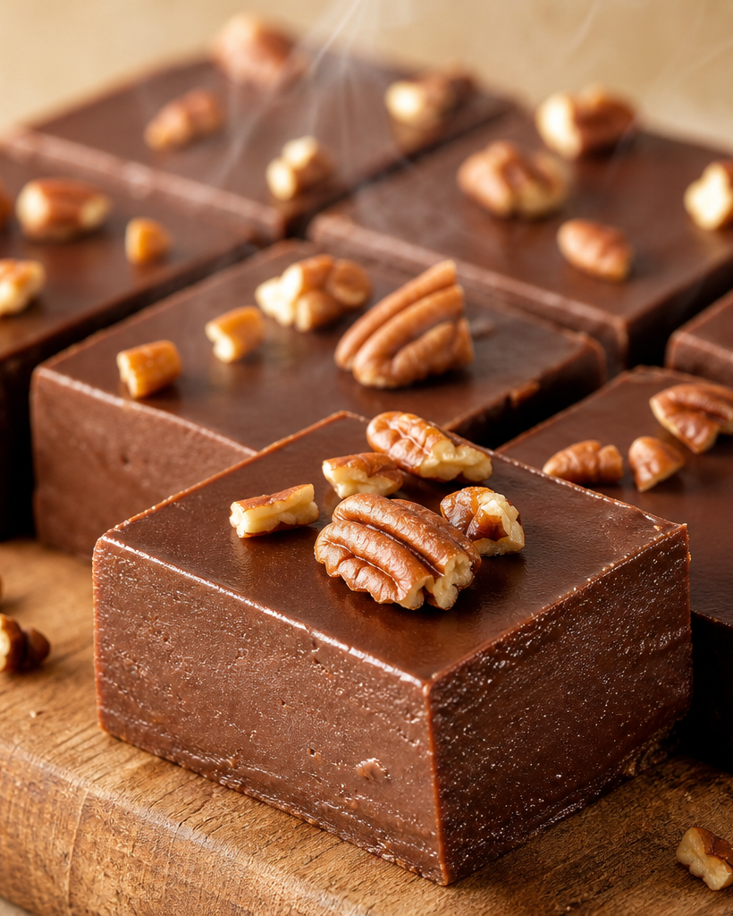 Carrés de fudge kéto au chocolat noir, parsemés de noix de pécan, présentés sur un plateau en bois.