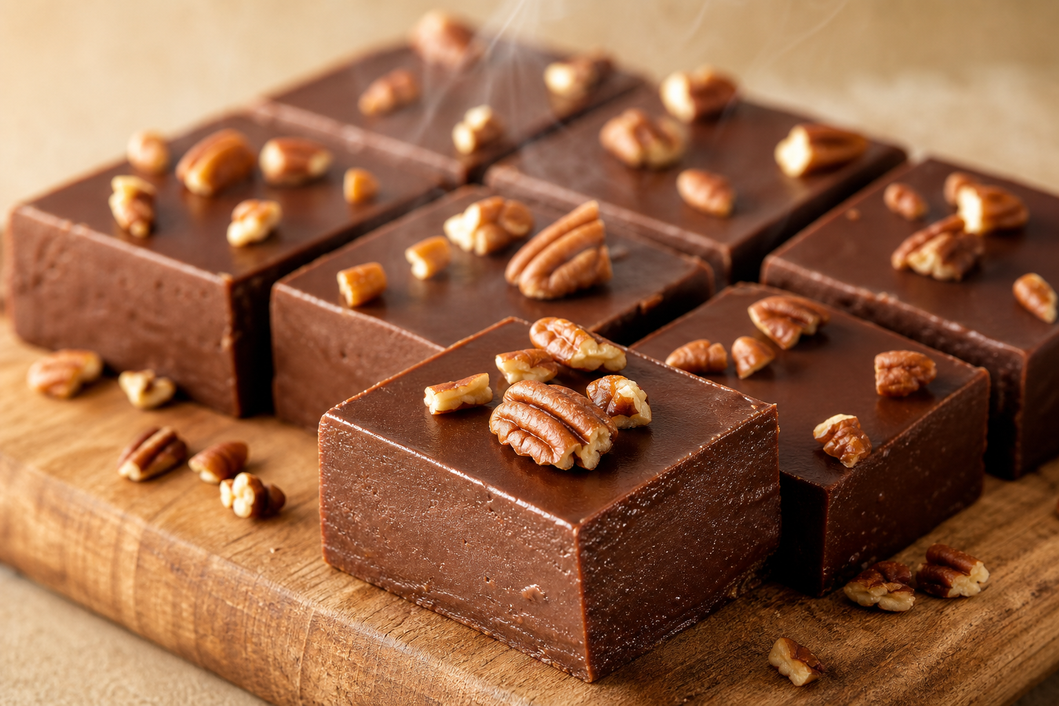 Carrés de fudge kéto au chocolat noir, parsemés de noix de pécan, présentés sur un plateau en bois.