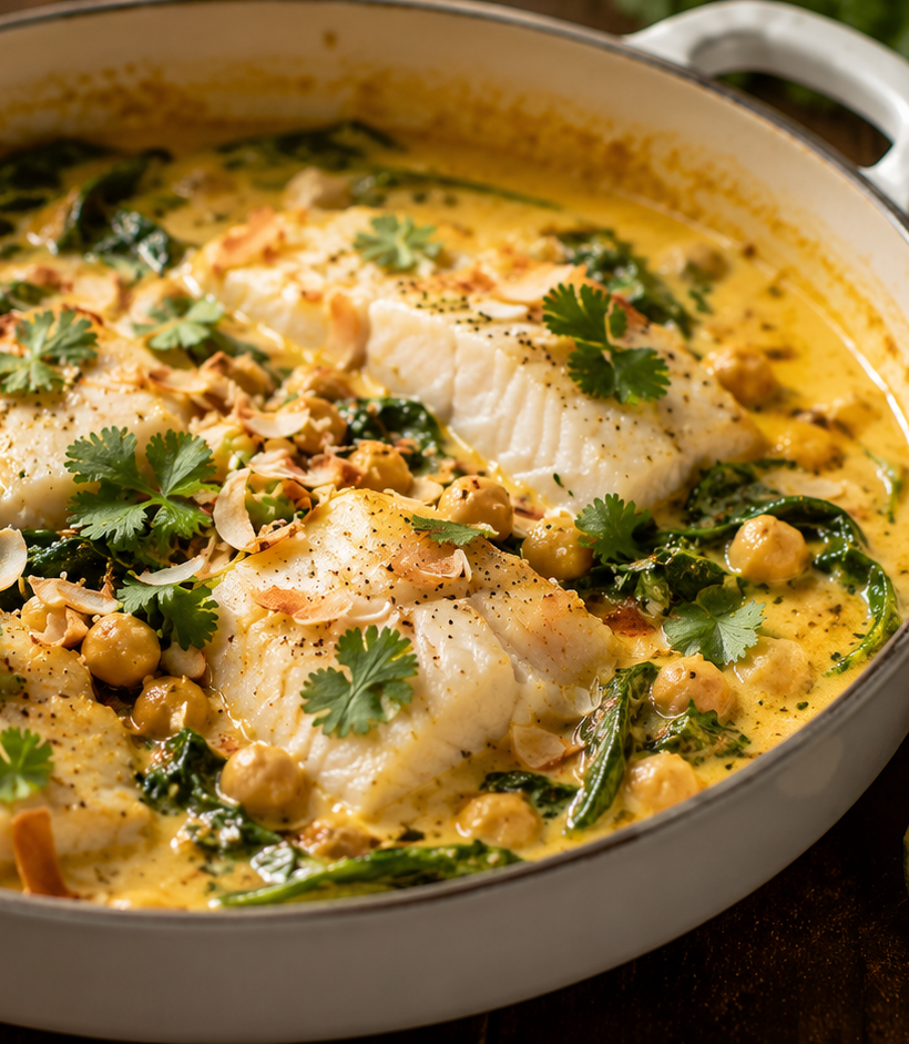 Casserole curry-coco au cabillaud dans une poele en fonte servie