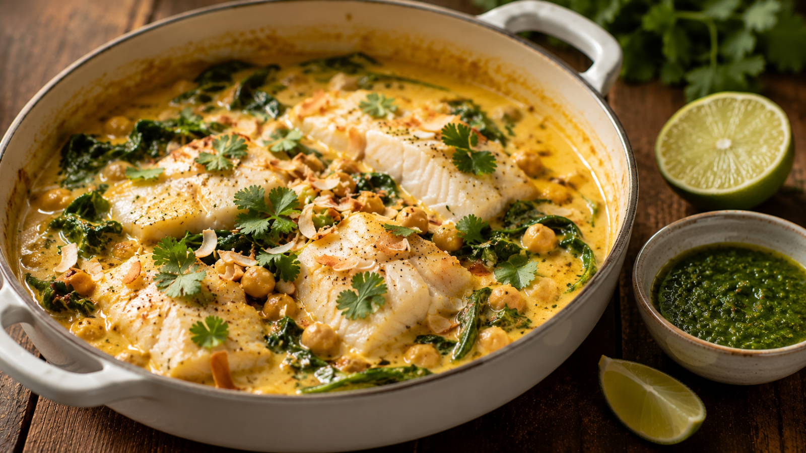 Casserole curry-coco au cabillaud dans une poele en fonte servie