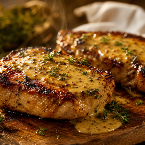 Côtes de porc grillées nappées de sauce moutarde, sur planche en bois avec citron et thym