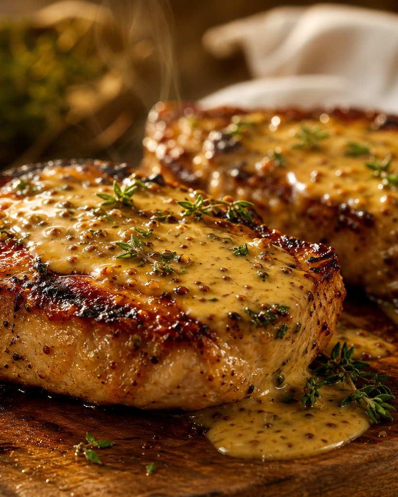 Côtes de porc grillées nappées de sauce moutarde, sur planche en bois avec citron et thym