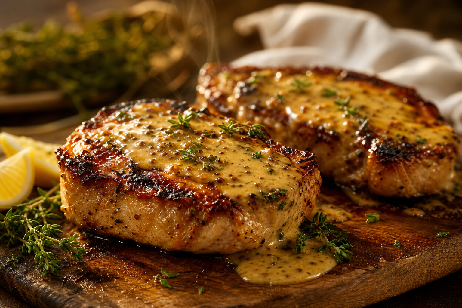 Côtes de porc grillées nappées de sauce moutarde, sur planche en bois avec citron et thym