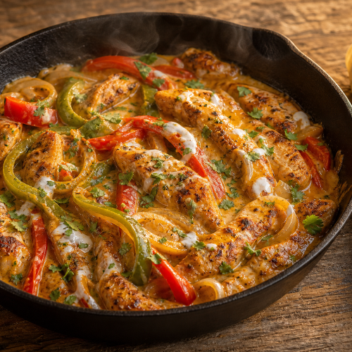 Casserole de fajitas de poulet cétogènes, avec poivrons, sauce crémeuse au fromage, et tortilla roulée à côté