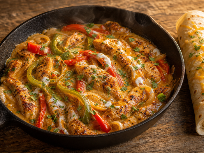 Casserole de fajitas de poulet cétogènes, avec poivrons, sauce crémeuse au fromage, et tortilla roulée à côté