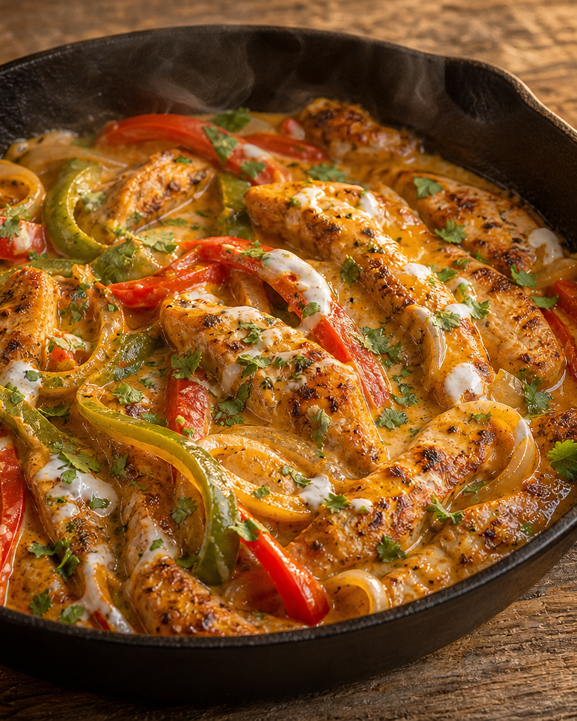 Casserole de fajitas de poulet cétogènes, avec poivrons, sauce crémeuse au fromage, et tortilla roulée à côté