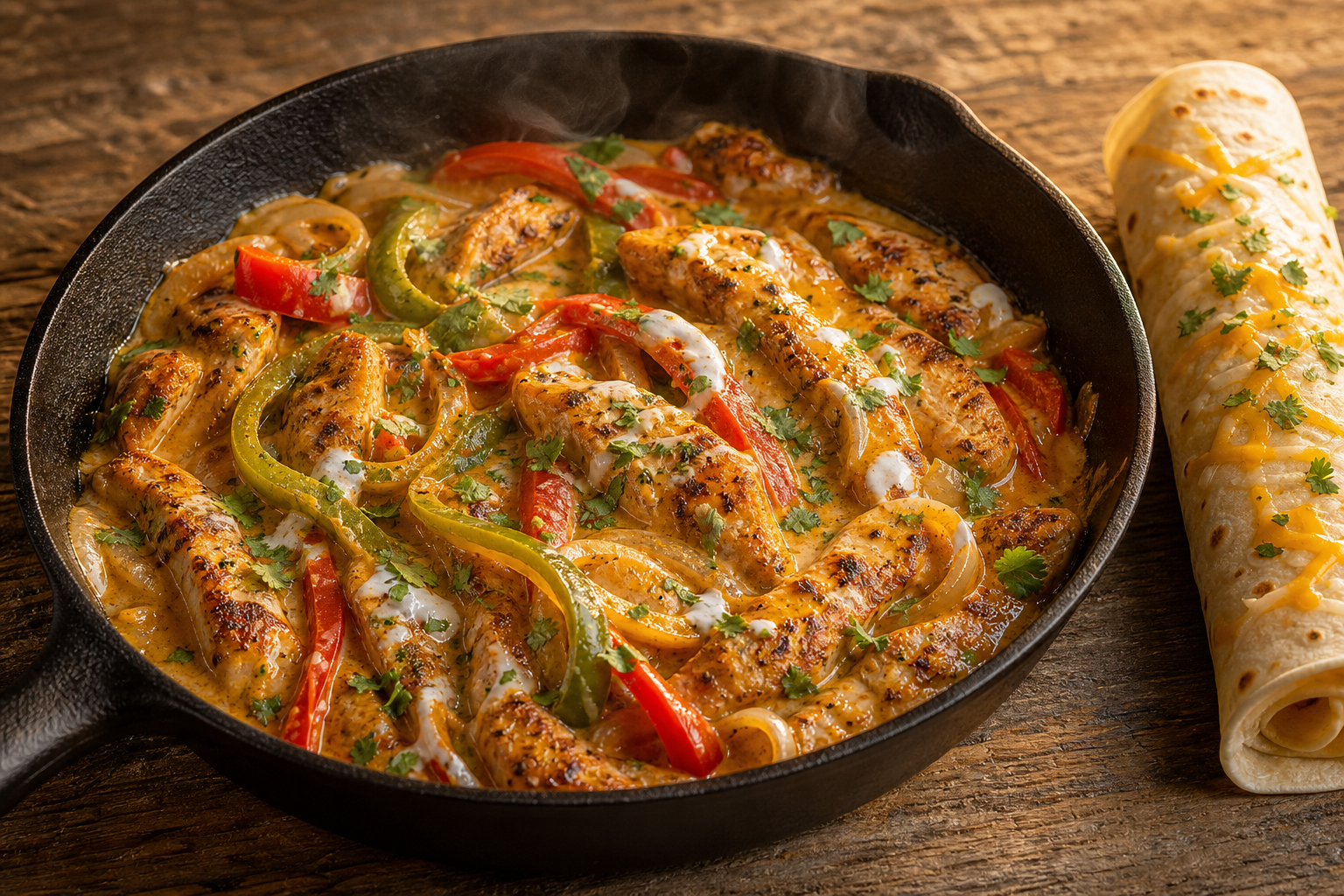 Casserole de fajitas de poulet cétogènes, avec poivrons, sauce crémeuse au fromage, et tortilla roulée à côté