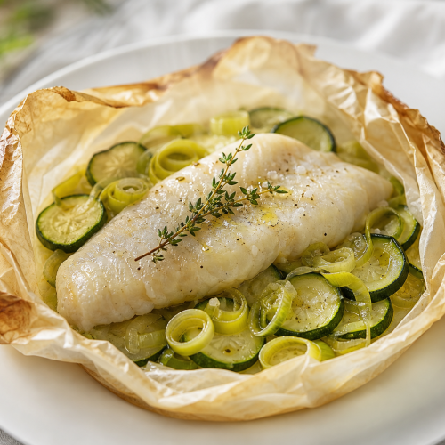 Filet de sole cuit en papillotte, servi avec des rondelles de courgette et du poireau, sur une assiette blanche.