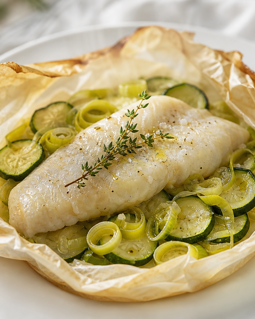 Filet de sole cuit en papillotte, servi avec des rondelles de courgette et du poireau, sur une assiette blanche.