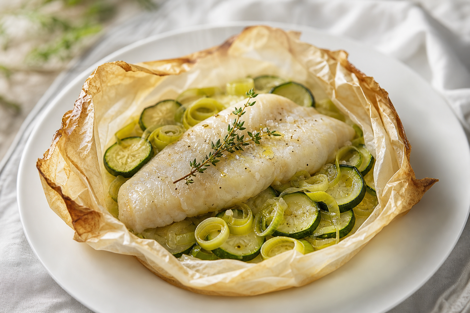Filet de sole cuit en papillotte, servi avec des rondelles de courgette et du poireau, sur une assiette blanche.