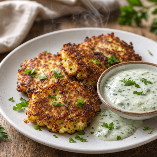 Trois galettes de chou-fleur dorées dans une assiette blanche avec une sauce au yaourt et des herbes