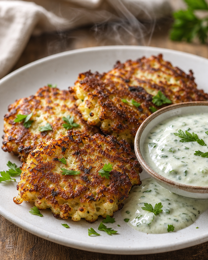 Trois galettes de chou-fleur dorées dans une assiette blanche avec une sauce au yaourt et des herbes