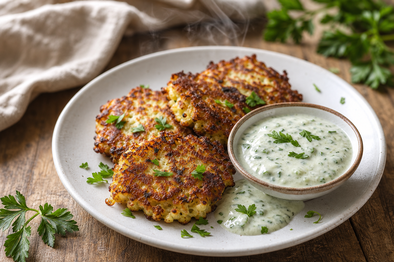 Trois galettes de chou-fleur dorées dans une assiette blanche avec une sauce au yaourt et des herbes