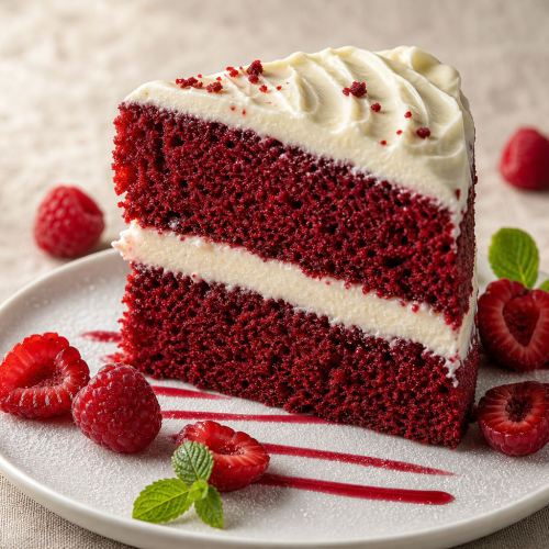 Gâteau red velvet keto à deux étages, rouge vif, avec glaçage blanc au cream cheese, présenté sur un plat blanc.