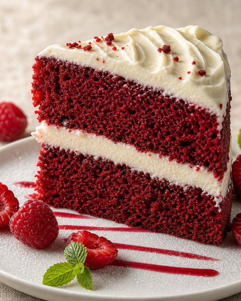 Gâteau red velvet keto à deux étages, rouge vif, avec glaçage blanc au cream cheese, présenté sur un plat blanc.