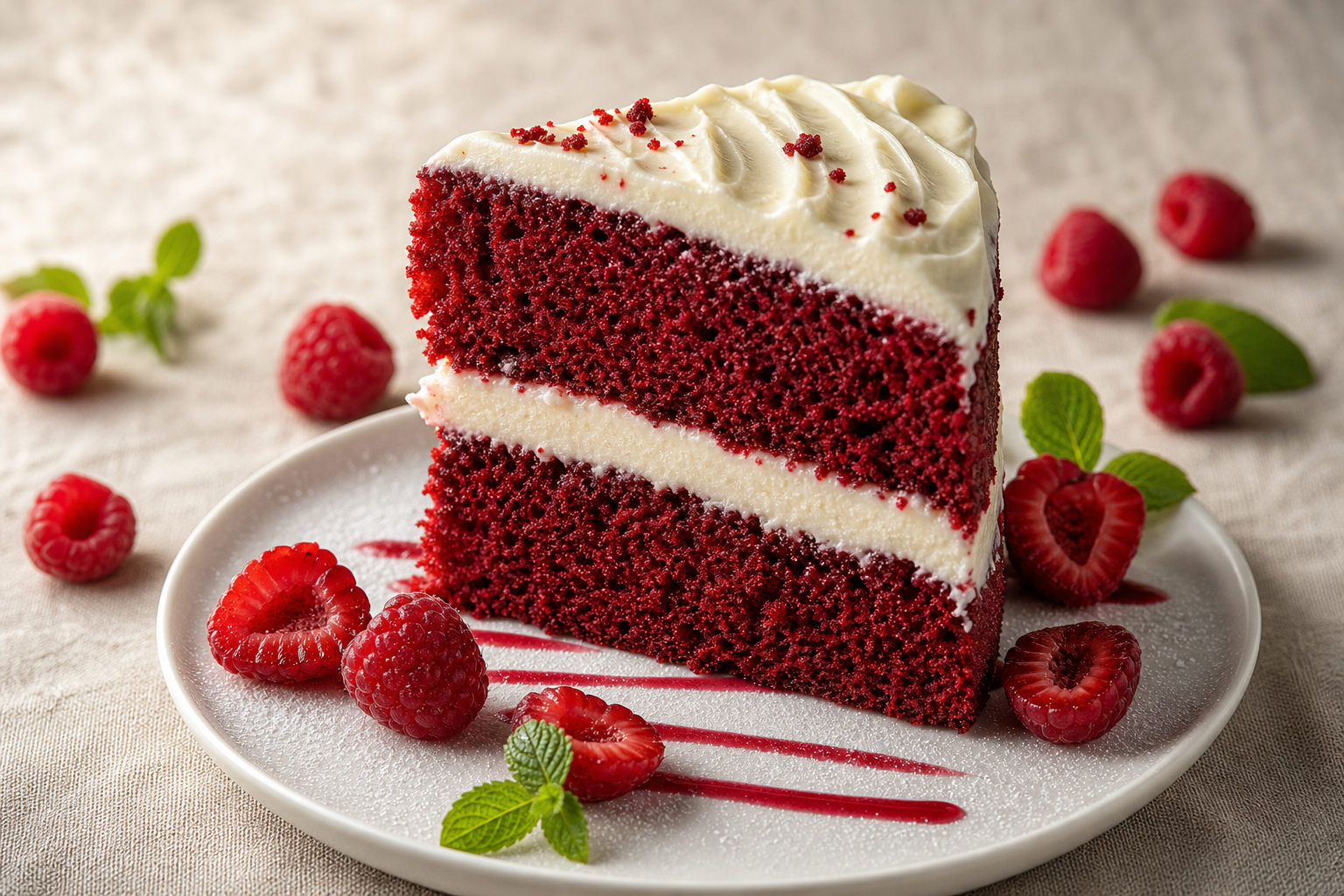 Gâteau red velvet keto à deux étages, rouge vif, avec glaçage blanc au cream cheese, présenté sur un plat blanc.