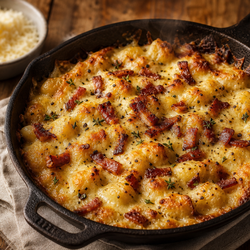 Cassolette de gnocchis cétogènes au chou-fleur gratinés au fromage et garnis de lardons grillés, sur une table en bois.