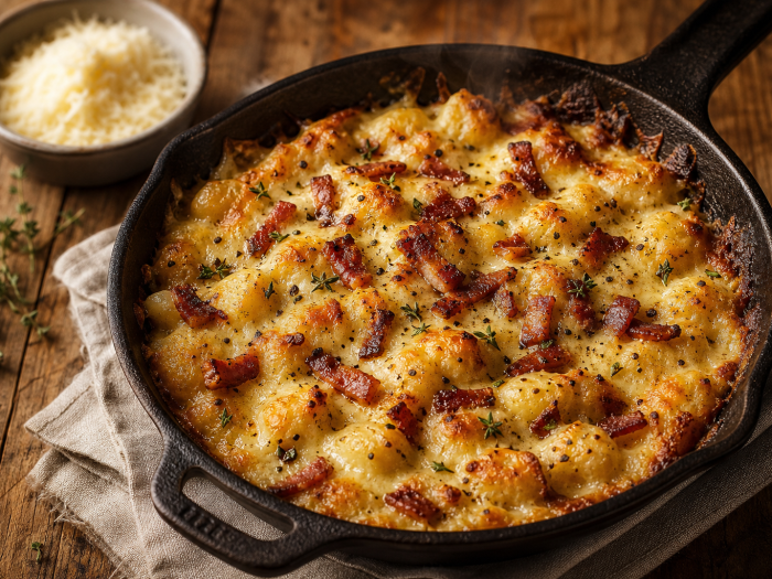 Cassolette de gnocchis cétogènes au chou-fleur gratinés au fromage et garnis de lardons grillés, sur une table en bois.