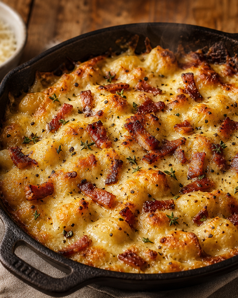 Cassolette de gnocchis cétogènes au chou-fleur gratinés au fromage et garnis de lardons grillés, sur une table en bois.