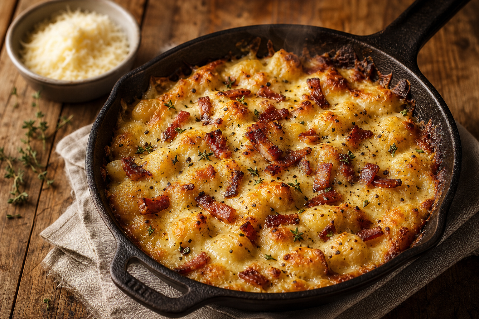 Cassolette de gnocchis cétogènes au chou-fleur gratinés au fromage et garnis de lardons grillés, sur une table en bois.