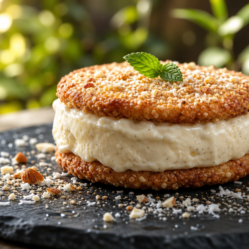 Ice cream sandwich cétogène aux biscuits amande noix de coco et glace vanille sur assiette ardoise, fond flou estival