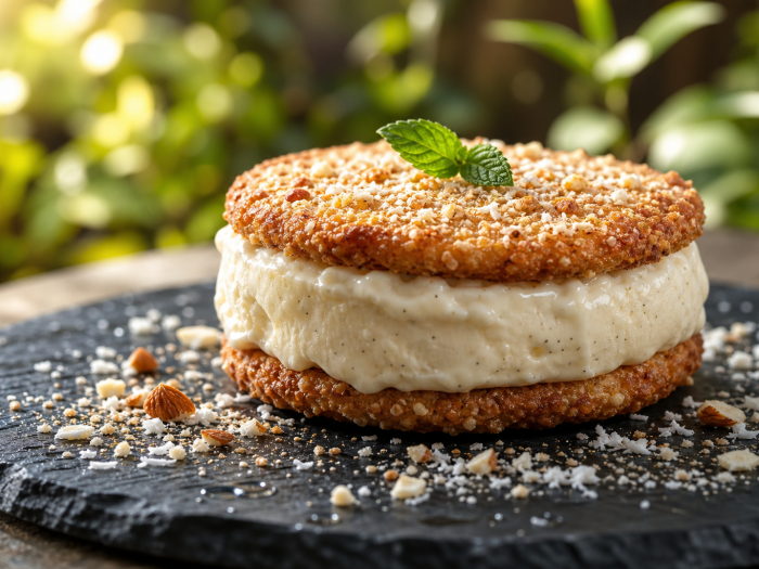 Ice cream sandwich cétogène aux biscuits amande noix de coco et glace vanille sur assiette ardoise, fond flou estival