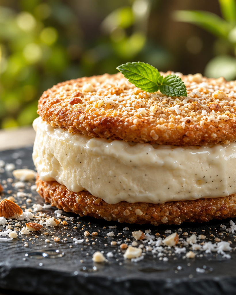 Ice cream sandwich cétogène aux biscuits amande noix de coco et glace vanille sur assiette ardoise, fond flou estival