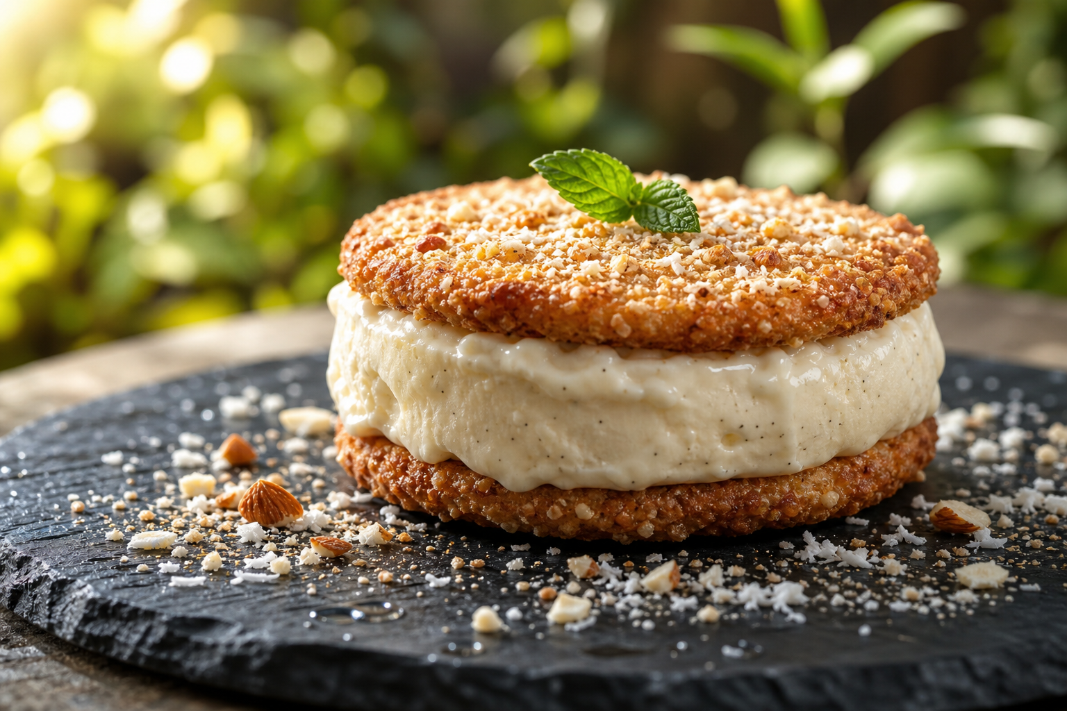 Ice cream sandwich cétogène aux biscuits amande noix de coco et glace vanille sur assiette ardoise, fond flou estival