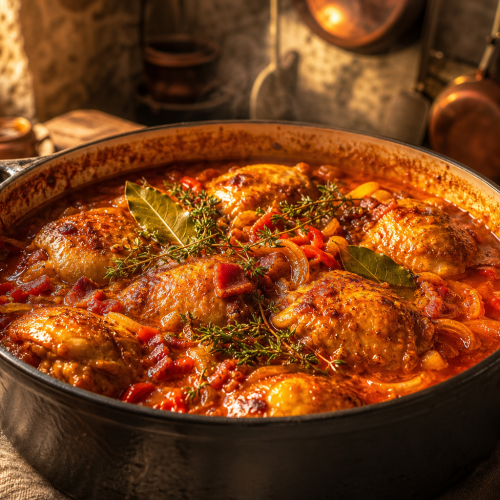 Poulet basquaise cétogène avec cuisses de poulet, sauce aux poivrons et jambon de Bayonne dans une cocotte en fonte.