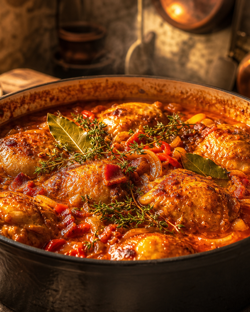 Poulet basquaise cétogène avec cuisses de poulet, sauce aux poivrons et jambon de Bayonne dans une cocotte en fonte.