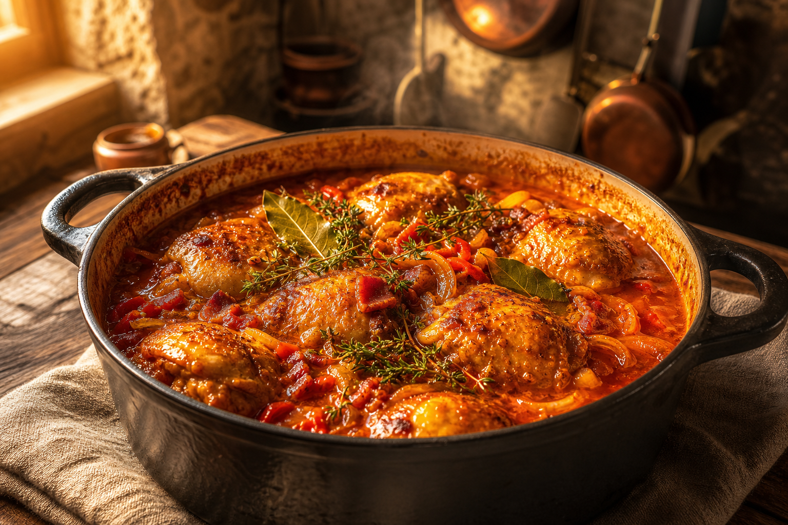 Poulet basquaise cétogène avec cuisses de poulet, sauce aux poivrons et jambon de Bayonne dans une cocotte en fonte.