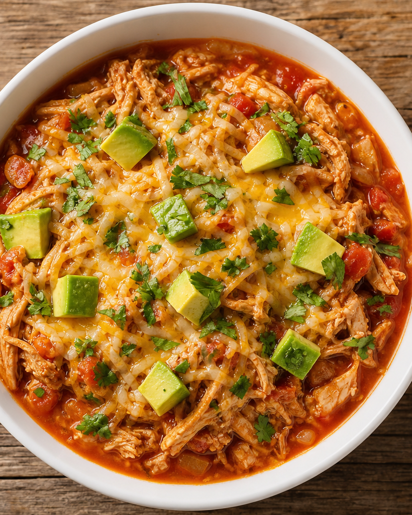 Bol de poulet effiloché à la sauce salsa, garni d'avocat, de coriandre et de fromage râpé, sur une table en bois.