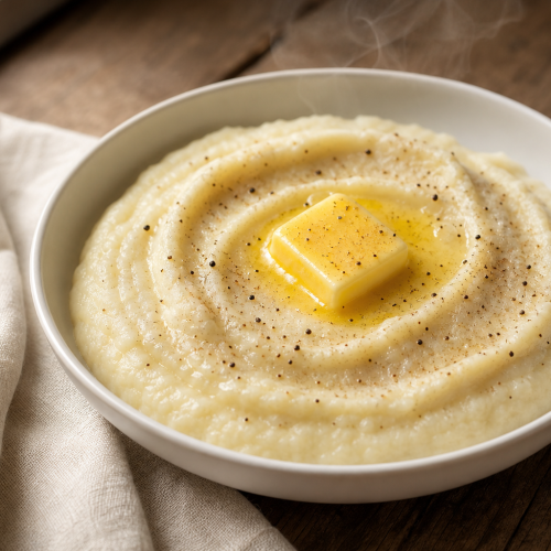 Purée de navets crémeuse dans un bol blanc avec une noix de beurre fondant, présentée sur une table en bois rustique