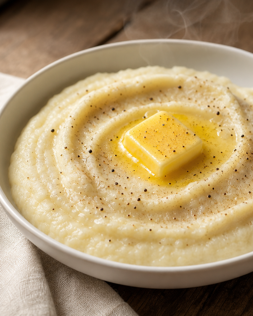 Purée de navets crémeuse dans un bol blanc avec une noix de beurre fondant, présentée sur une table en bois rustique
