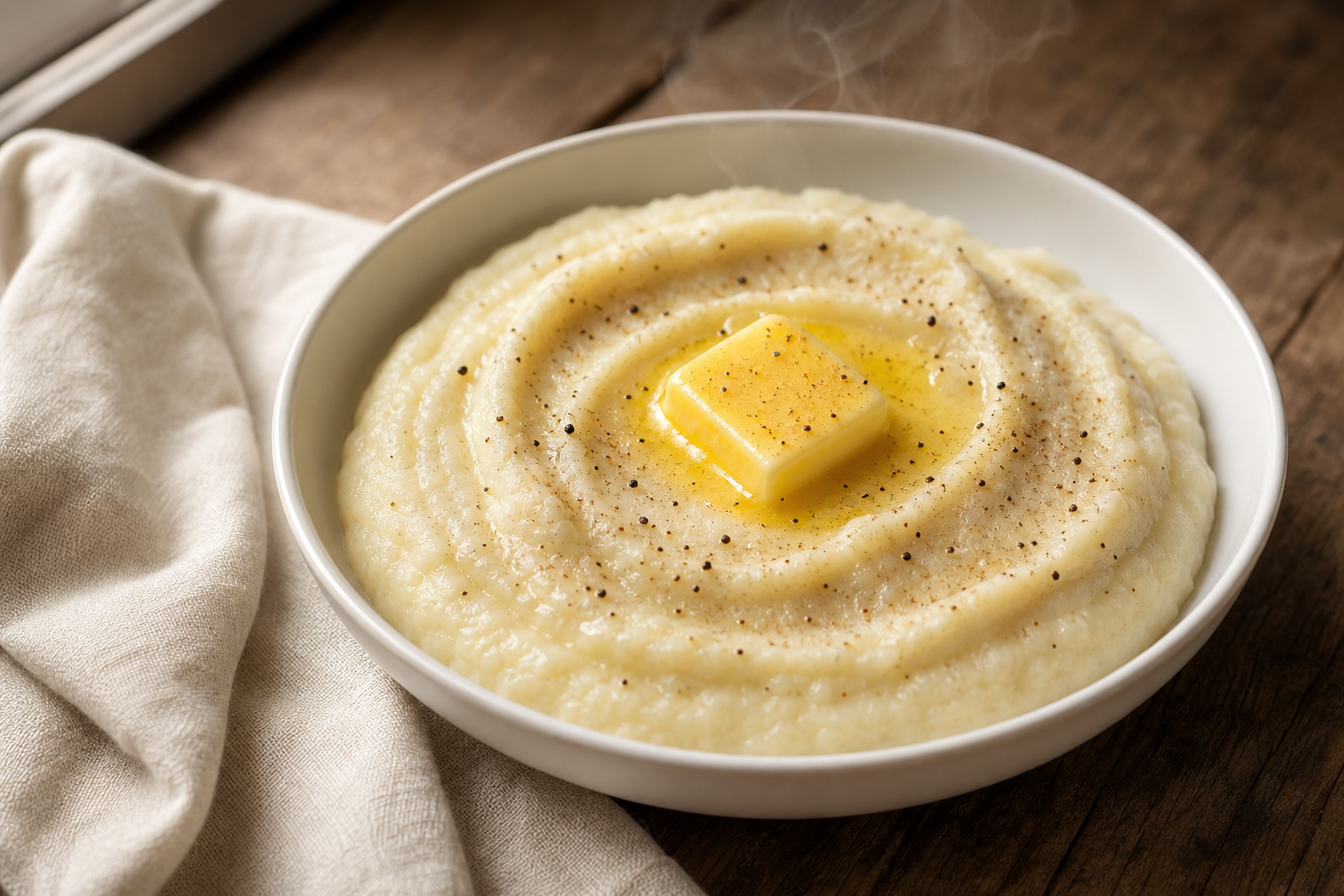 Purée de navets crémeuse dans un bol blanc avec une noix de beurre fondant, présentée sur une table en bois rustique