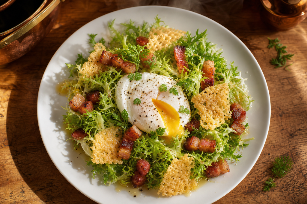 Assiette de salade lyonnaise keto avec salade frisée, lardons, dés de fromage croustillants et œuf poché au jaune coulant