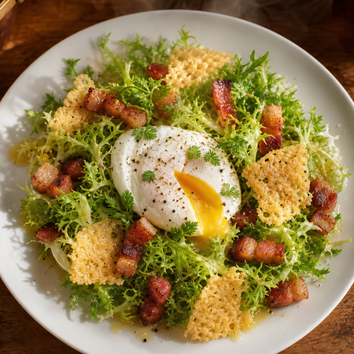 Assiette de salade lyonnaise keto avec salade frisée, lardons, dés de fromage croustillants et œuf poché au jaune coulant