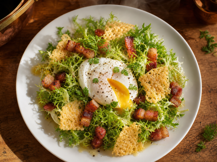 Assiette de salade lyonnaise keto avec salade frisée, lardons, dés de fromage croustillants et œuf poché au jaune coulant