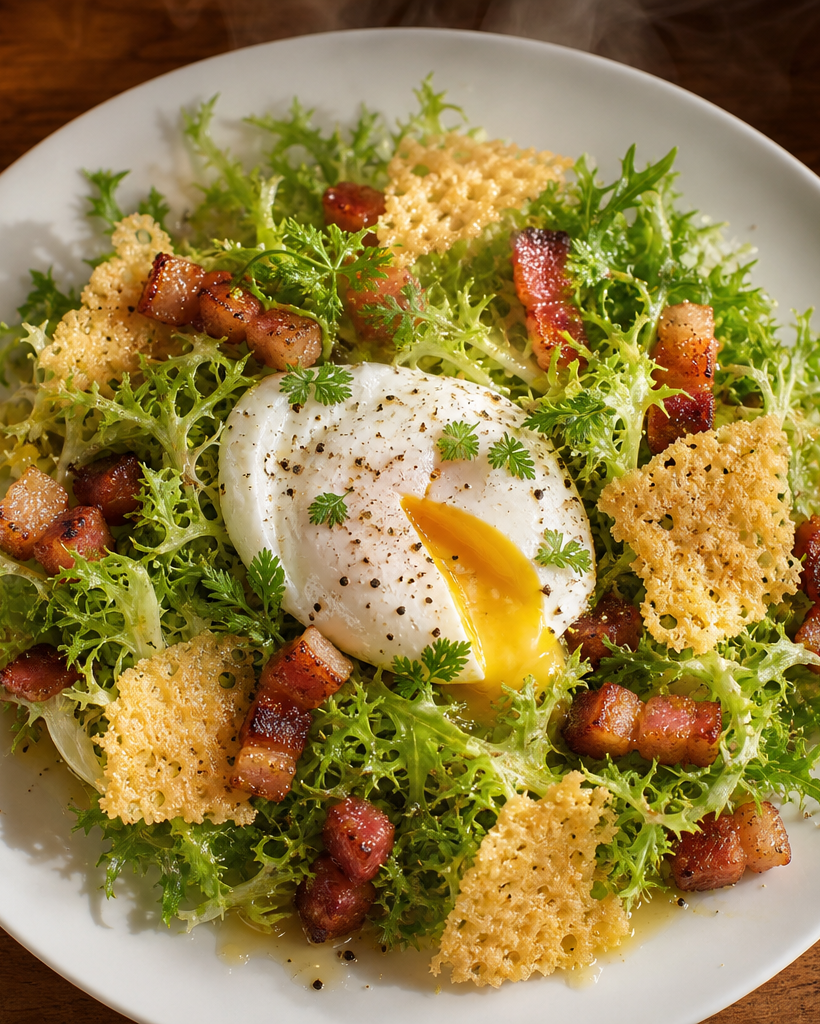 Assiette de salade lyonnaise keto avec salade frisée, lardons, dés de fromage croustillants et œuf poché au jaune coulant