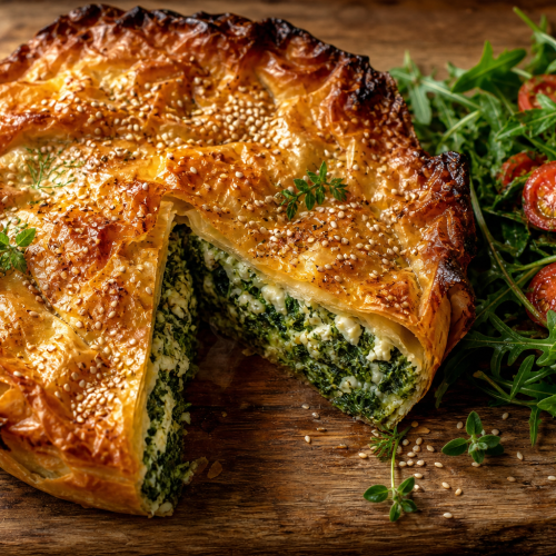 Tourte grecque spanakopita keto, croûte dorée, une part coupée laissant voir les épinards et la feta, salade à côté.