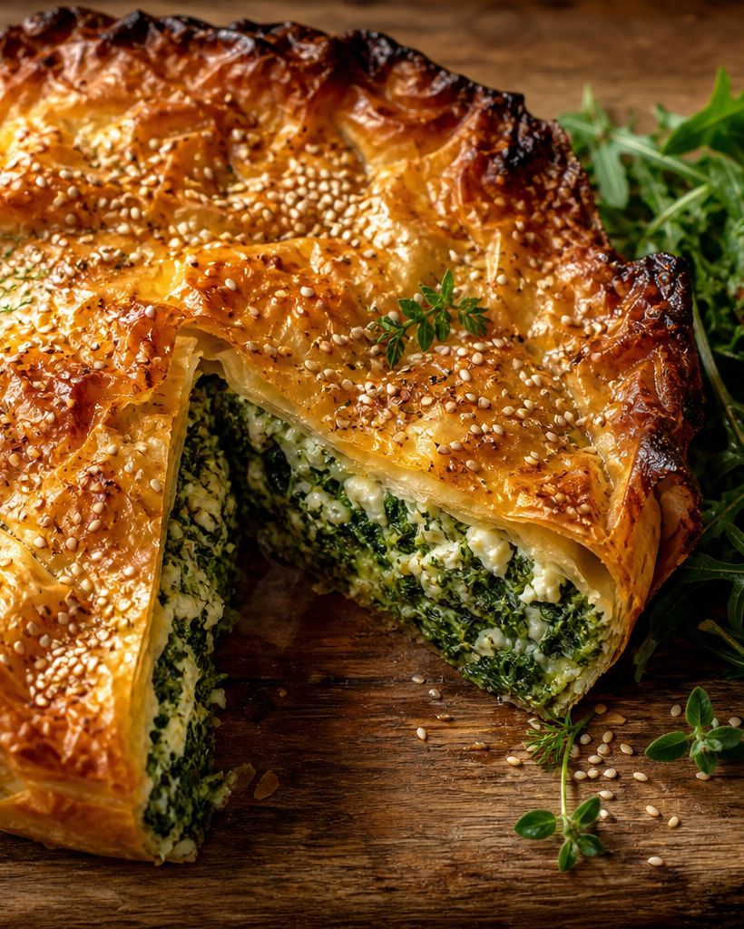 Tourte grecque spanakopita keto, croûte dorée, une part coupée laissant voir les épinards et la feta, salade à côté.