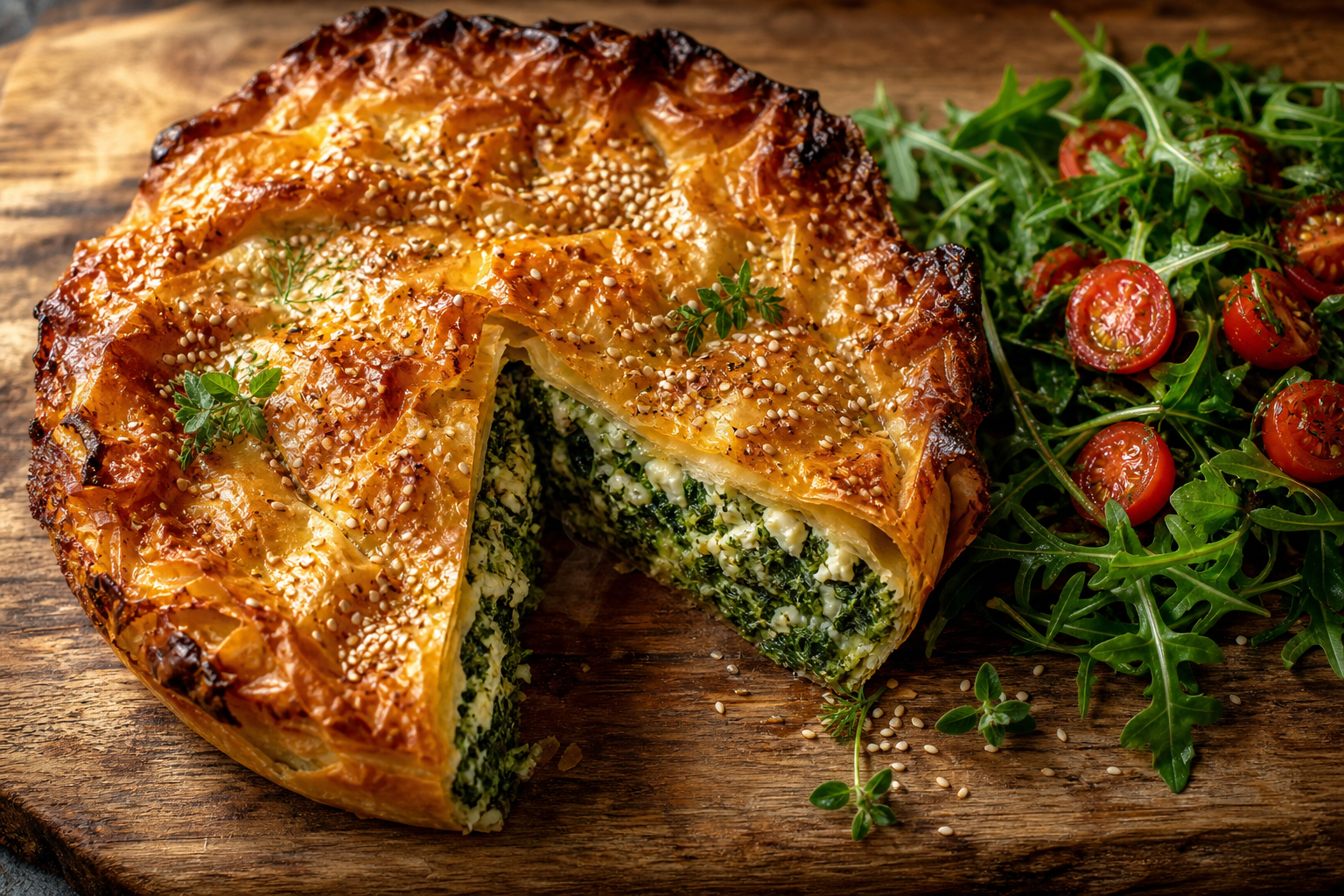 Tourte grecque spanakopita keto, croûte dorée, une part coupée laissant voir les épinards et la feta, salade à côté.