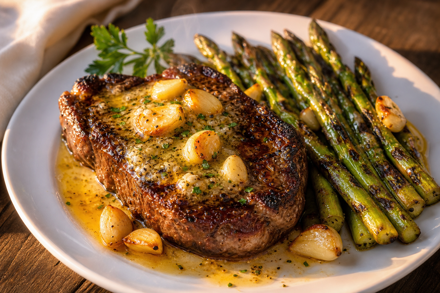 Steak de bœuf saignant nappé de beurre d'ail, servi avec des asperges vertes grillées dans une assiette blanche, lumière