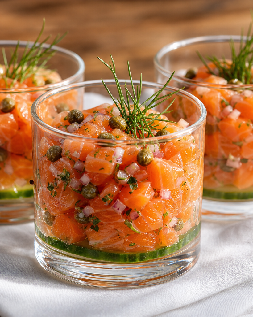 Trois verrines de tartare de saumon avec aneth et concombre sur fond bois