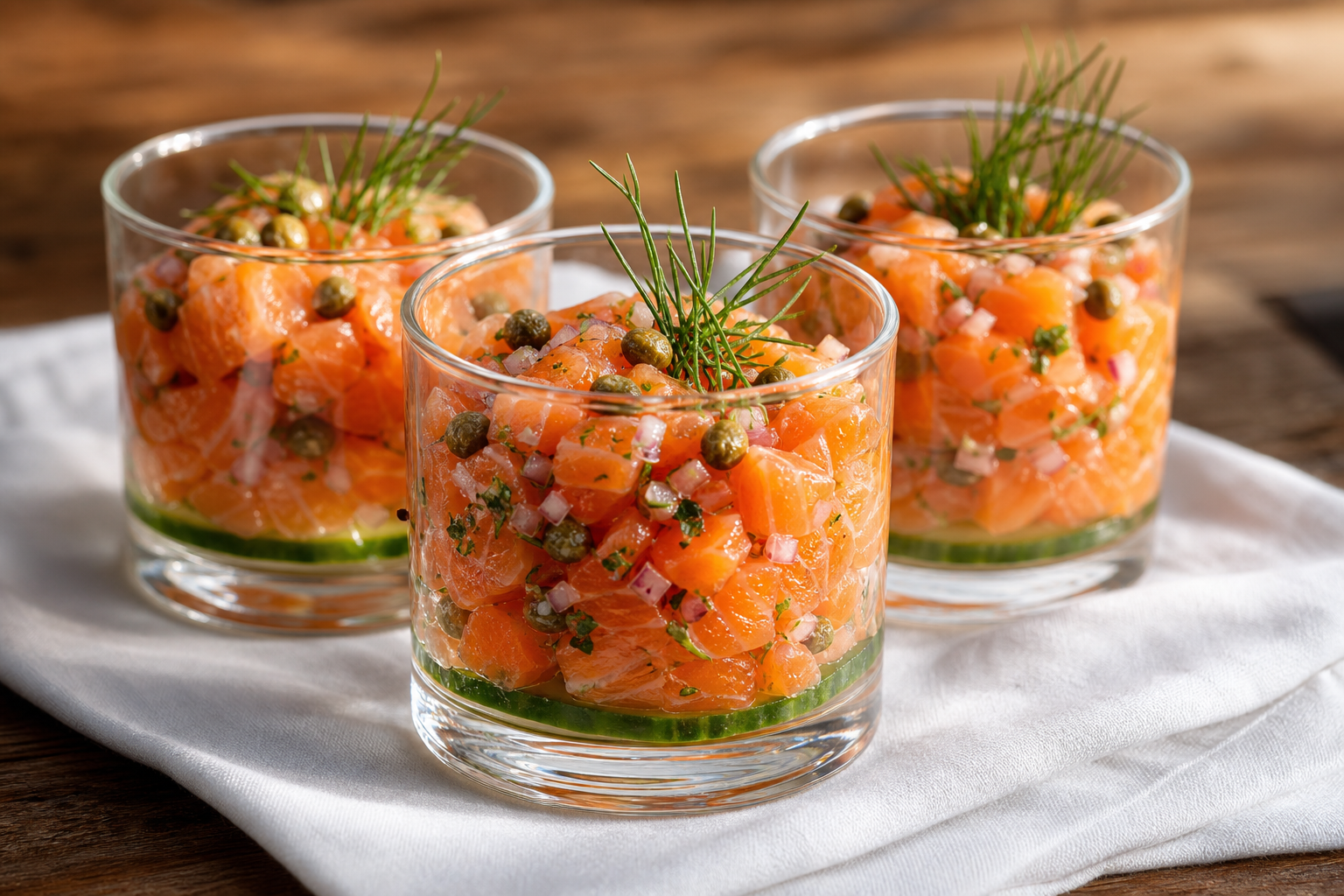Trois verrines de tartare de saumon avec aneth et concombre sur fond bois